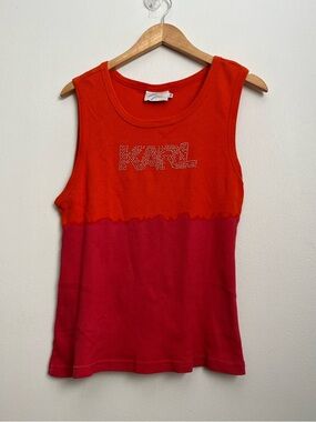 VTG Y2K Karl Rhinestone Logo Two-Tone Ribbed Tank Top - M